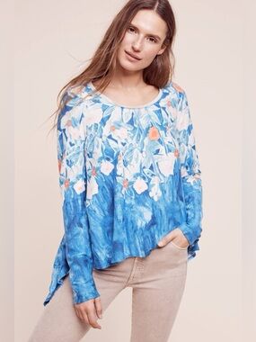 ANTHROPOLOGIE MEADOW RUE Blue Floral Scoop-Neck Women's Top